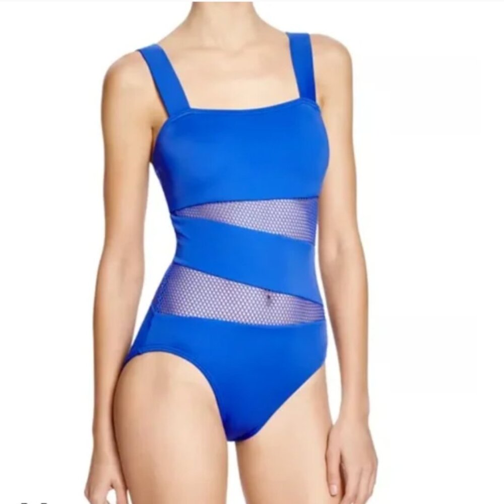 DKNY Swim One Piece Swimsuit Mesh Splice Square Neck Wide Strap
